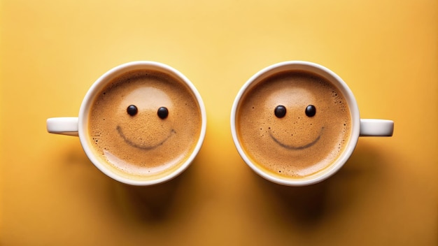 Two coffee cups sit side by side each adorned with a smiley face created from coffee foam