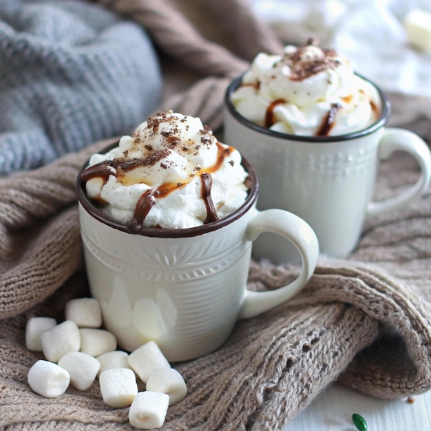 Photo two coffee cups with chocolate sauce and whipped cream on them