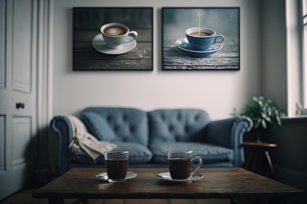 Two coffee cups on a wooden table in the white interior Illustration AI Generative