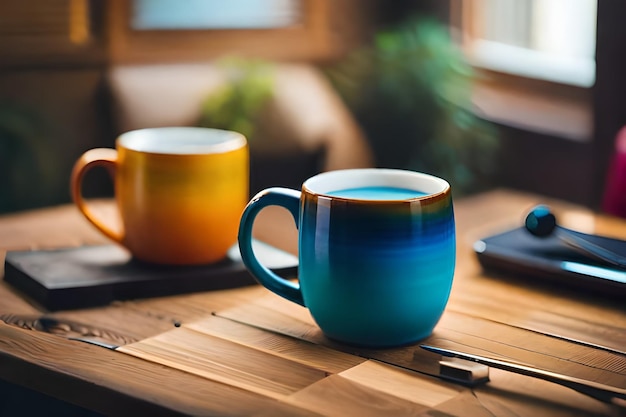 two coffee mugs sit on a table with a pen and a pen