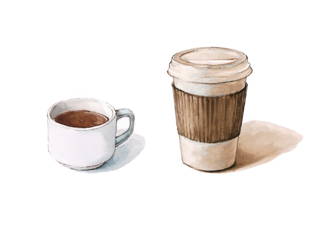 Two coffee paper cup and cup of coffee, illustration