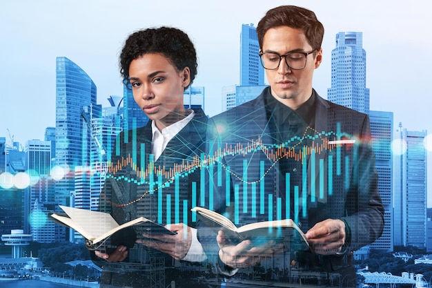 Two colleagues in multinational corporate team working on forecasting trading corporate strategy at fund Forex chart Singapore on background Double exposure