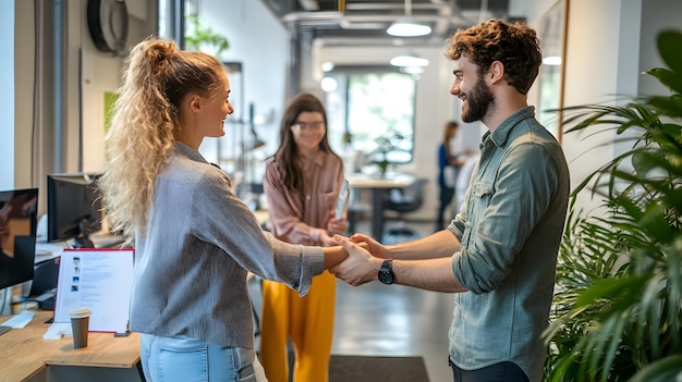 Photo two colleagues shaking hands in a modern office hallway