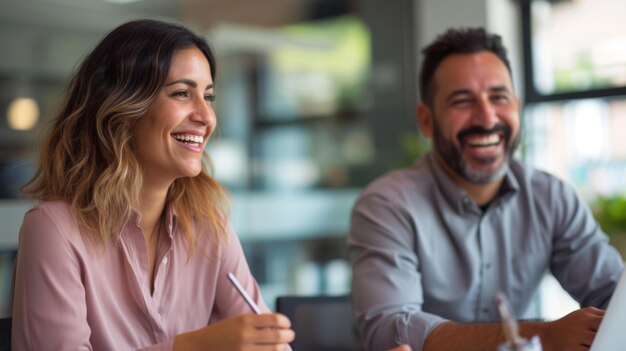 Two colleagues share a lighthearted moment smiling and engaging in a discussion during a collaborative office meeting suggesting a positive and productive work environment