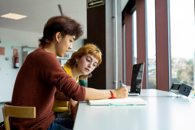 Two college students studying together in a library