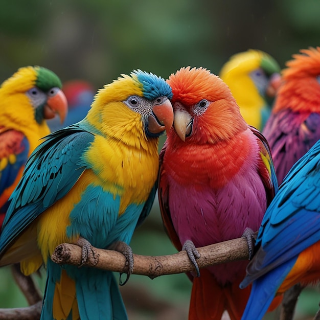 two colorful birds are sitting on a branch one of which has a blue and green background