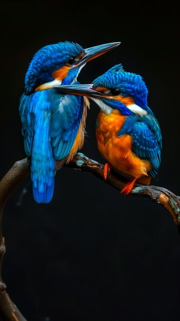 two colorful birds are sitting on a branch one of which is blue and the other is blue