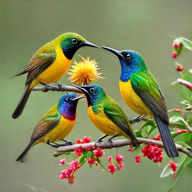 two colorful birds are sitting on a branch with red flowers