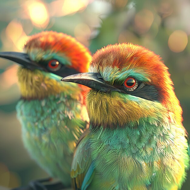 Photo two colorful birds are sitting on a branch