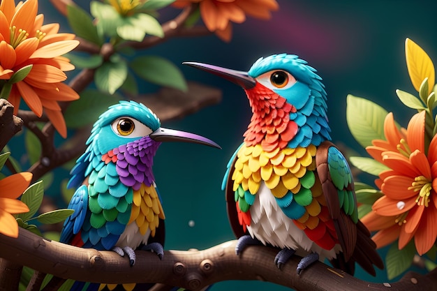 two colorful birds are sitting on a tree branch