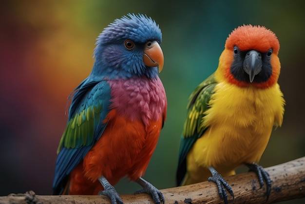 two colorful birds are standing on a branch with one of them has a colorful colorful blue and green background