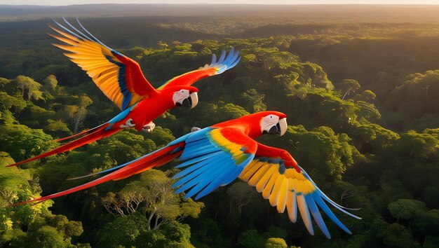 Photo two colorful birds flying in the sky with the sun behind them