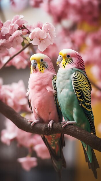 Two colorful birds sit on a branch of a cherry tree.