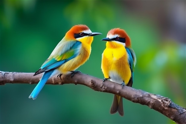 two colorful birds in sitting on a branch next to each other with blurred green trees background