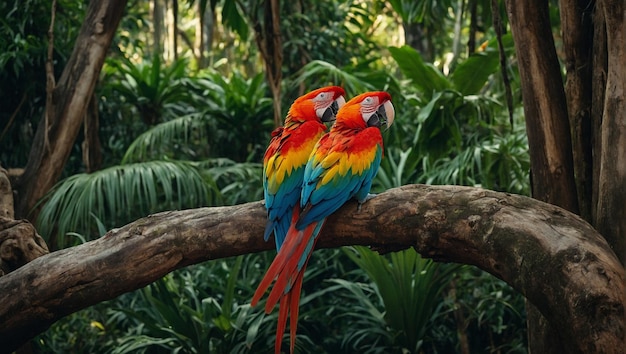 Two colorful birds sitting on a tree limb in the woods