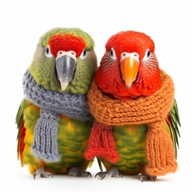 two colorful birds wearing scarves and scarves