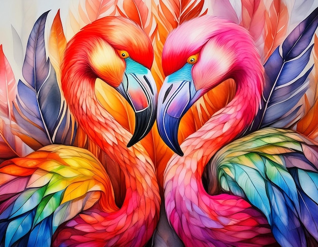 two colorful birds with colorful feathers on their backs