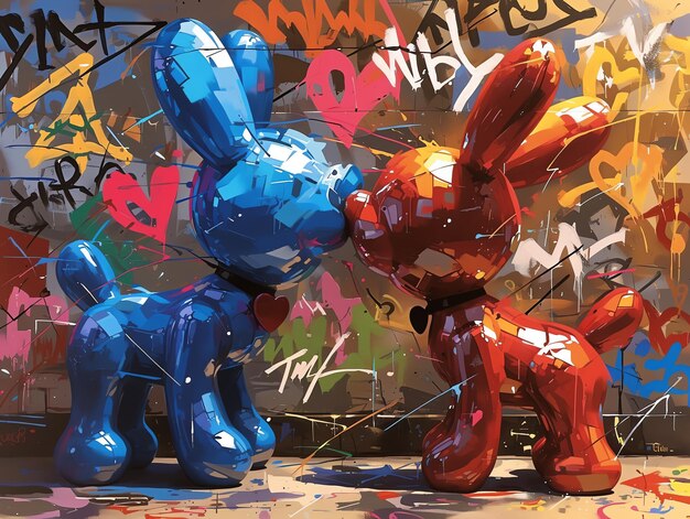 Photo two colorful cartoon rabbits are on a table with graffiti on it