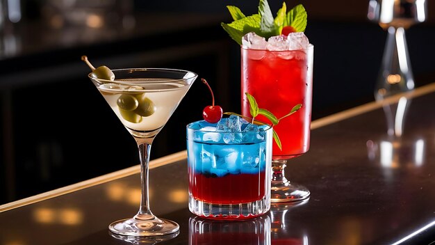 Two colorful cocktails and dry martini with green olives red and blue cocktails with ice lemon mint and cherry selective focus