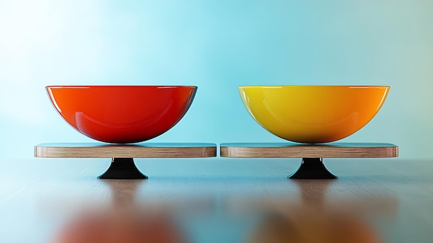 Photo two colorful empty bowls balancing on wooden seesaw