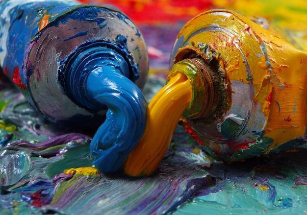 Two colorful jugs with paint on them and one has a paint brush in it.