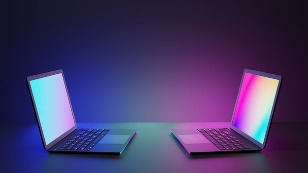 Two colorful laptop computers on desk with pink blue lighting dark background. 3D Rendering image.