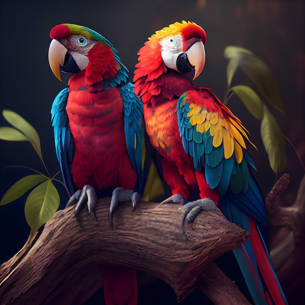 Two colorful macaws sitting on a tree branch in the forest