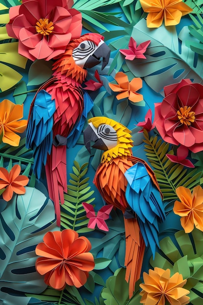 Two colorful origami parrots surrounded by tropical flowers and leaves