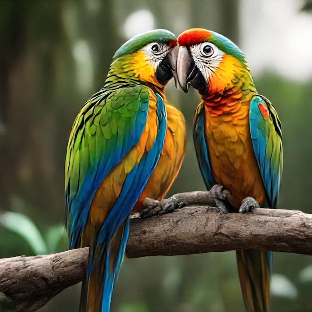 two colorful parrots are sitting on a branch with one another