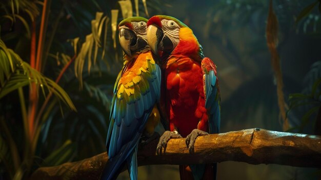 two colorful parrots are sitting on a branch with palm trees in the background