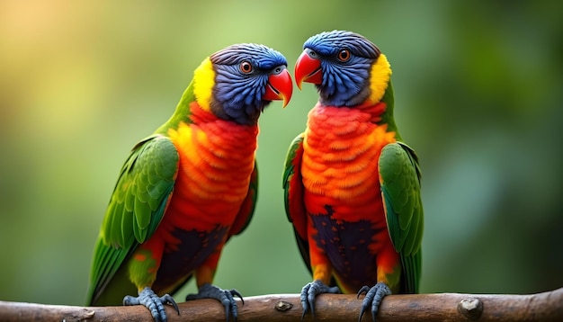 Photo two colorful parrots are sitting on a branch