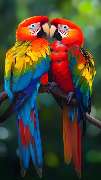 Photo two colorful parrots are sitting on a branch