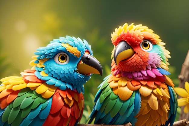 two colorful parrots are standing next to each other