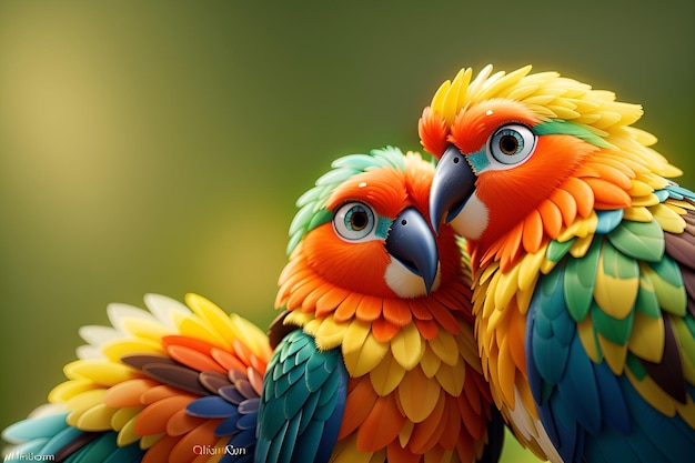 two colorful parrots are standing together with the sun behind them