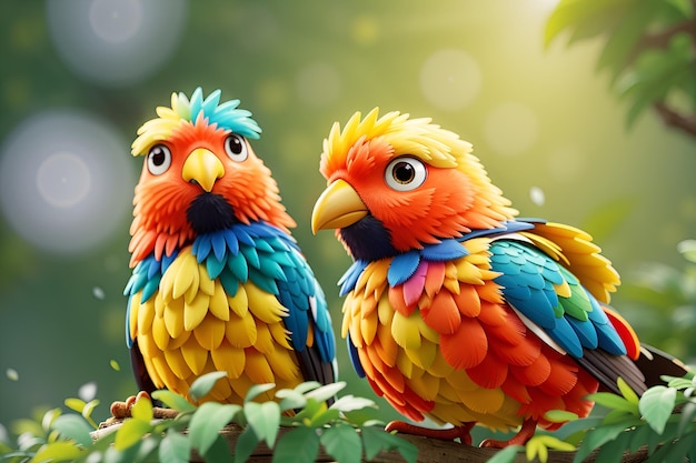 two colorful parrots are standing in a tree with the sun shining behind them