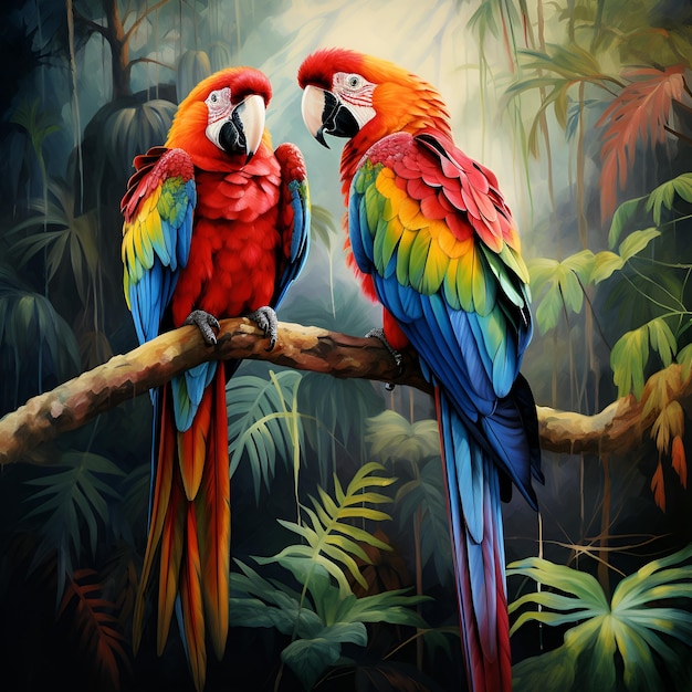 Two colorful parrots sitting on a branch in the jungle