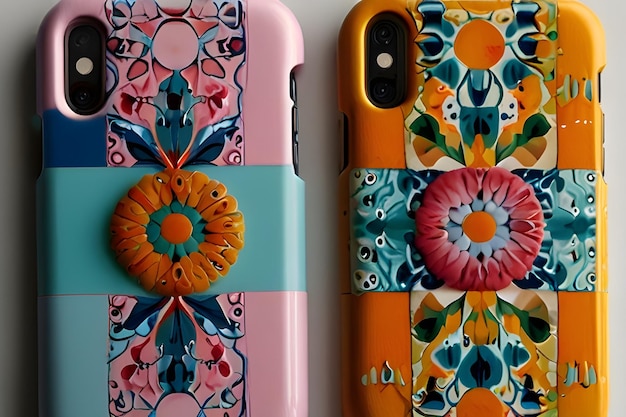 Photo two colorful phones are side by side one of which has a flower design on the back