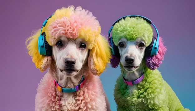 Two Colorful Poodles Listening to Music