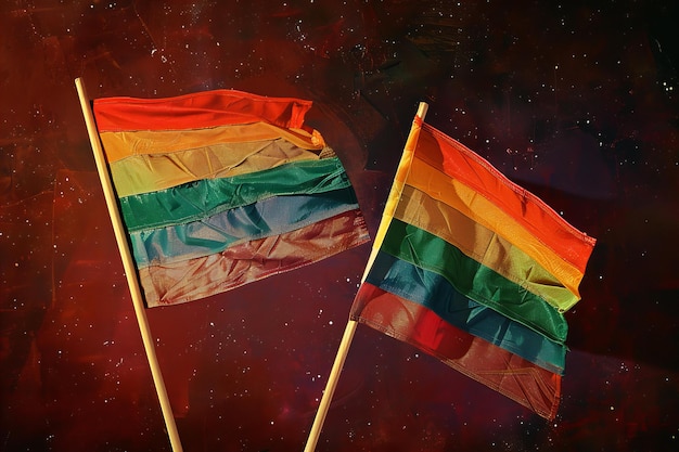 Two colorful rainbow flags are seen against a dark background