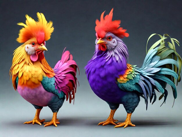 two colorful roosters are standing next to each other