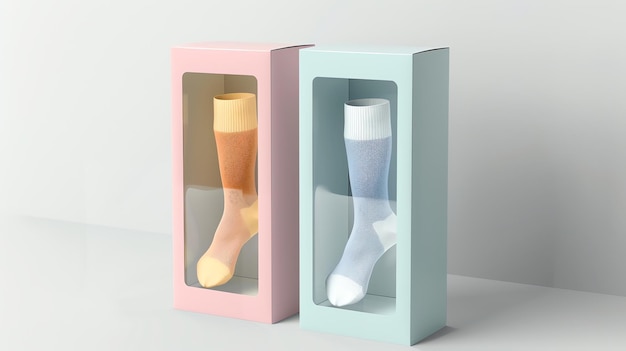 Photo two colorful socks in boxes with a window