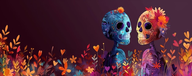 Photo two colorful sugar skulls with detailed floral decorations stand surrounded by vibrant flowers set against a dark purple background inspired by d a de los muertos copy space