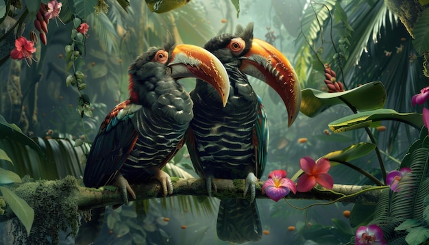 Photo two colorful toucans perched on a branch in a lush jungle surrounded by vibrant flowers