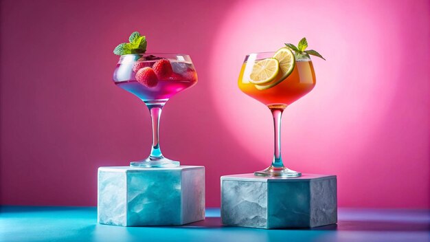 Photo two colourful cocktails with ice on podiums on pink background