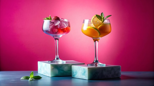 Photo two colourful cocktails with ice on podiums on pink background