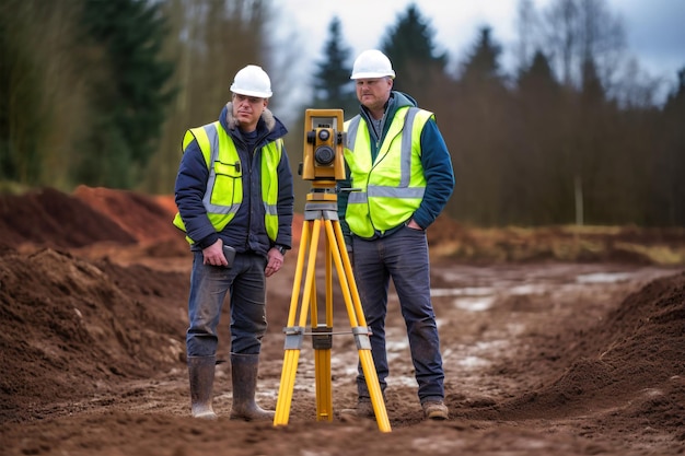 Two construction engineer surveyors in safety vests standing by a surveying device likely a level or theodolite while working on a project