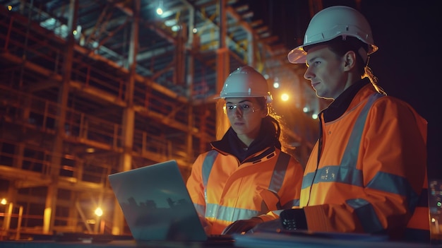 Two construction engineers in highvisibility jackets working on a laptop at a nighttime construction site