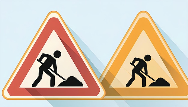 Photo two construction signs with a man holding a shovel