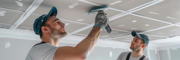 Photo two construction workers are finishing a drywall ceiling with one using a sanding tool to smoo