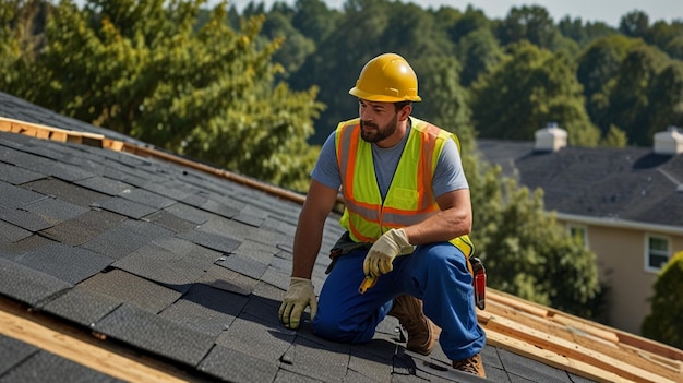 two construction workers are working on a roof with a blue hard hat